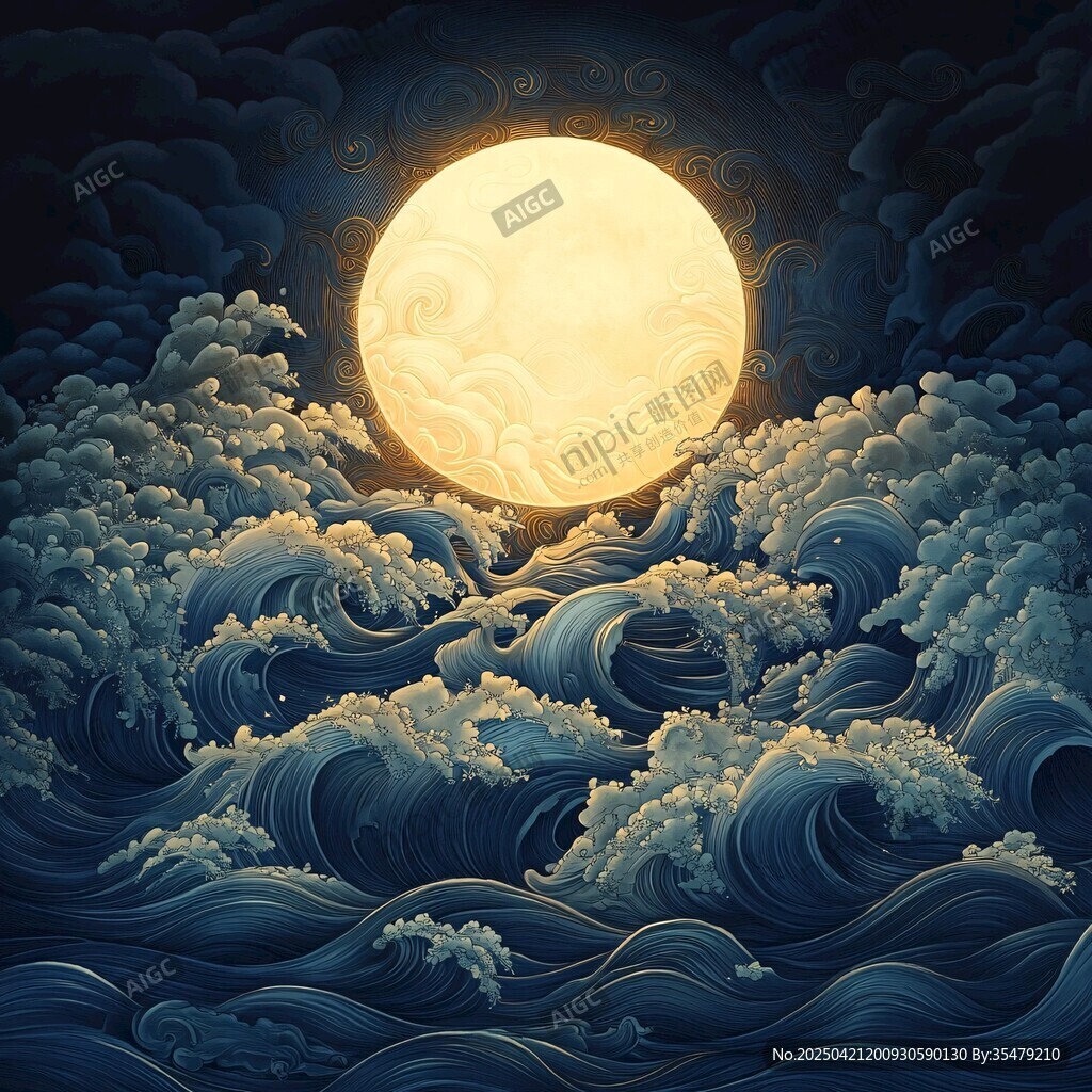 月夜下的汹涌海浪景象