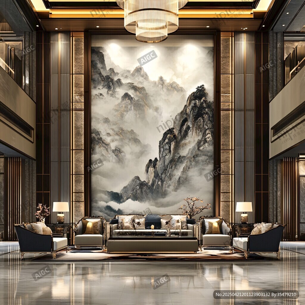 中式客厅山水壁画装饰风格