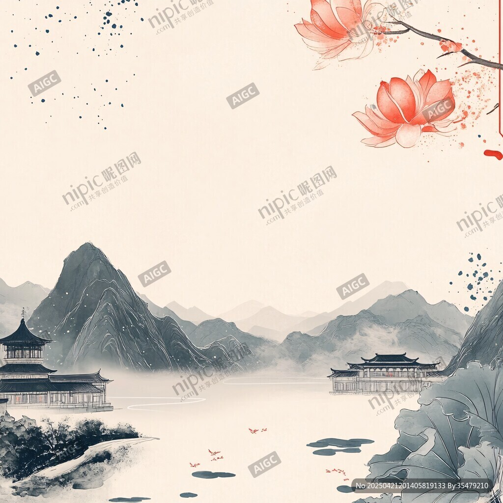 水墨山水荷花中式意境图