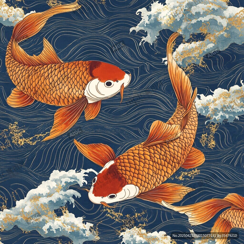 锦鲤游弋于海浪间图案