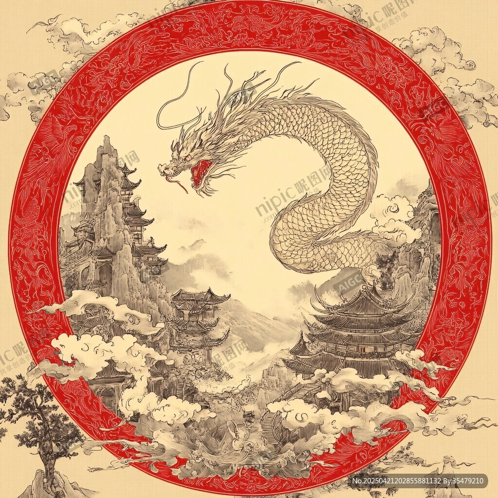 中式龙纹山水圆形古风图