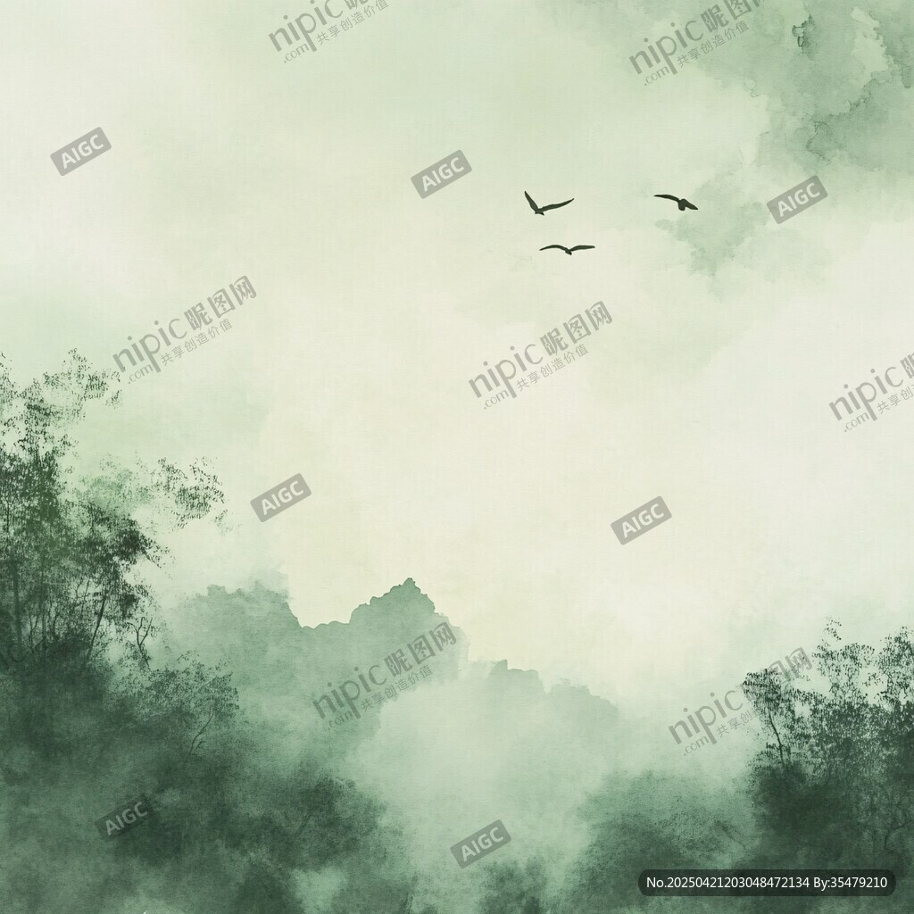 水墨山林飞鸟意境图