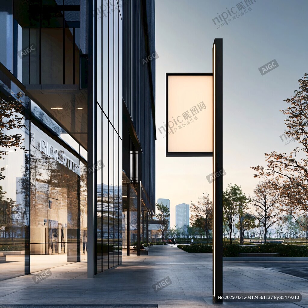 现代建筑旁的明亮街灯