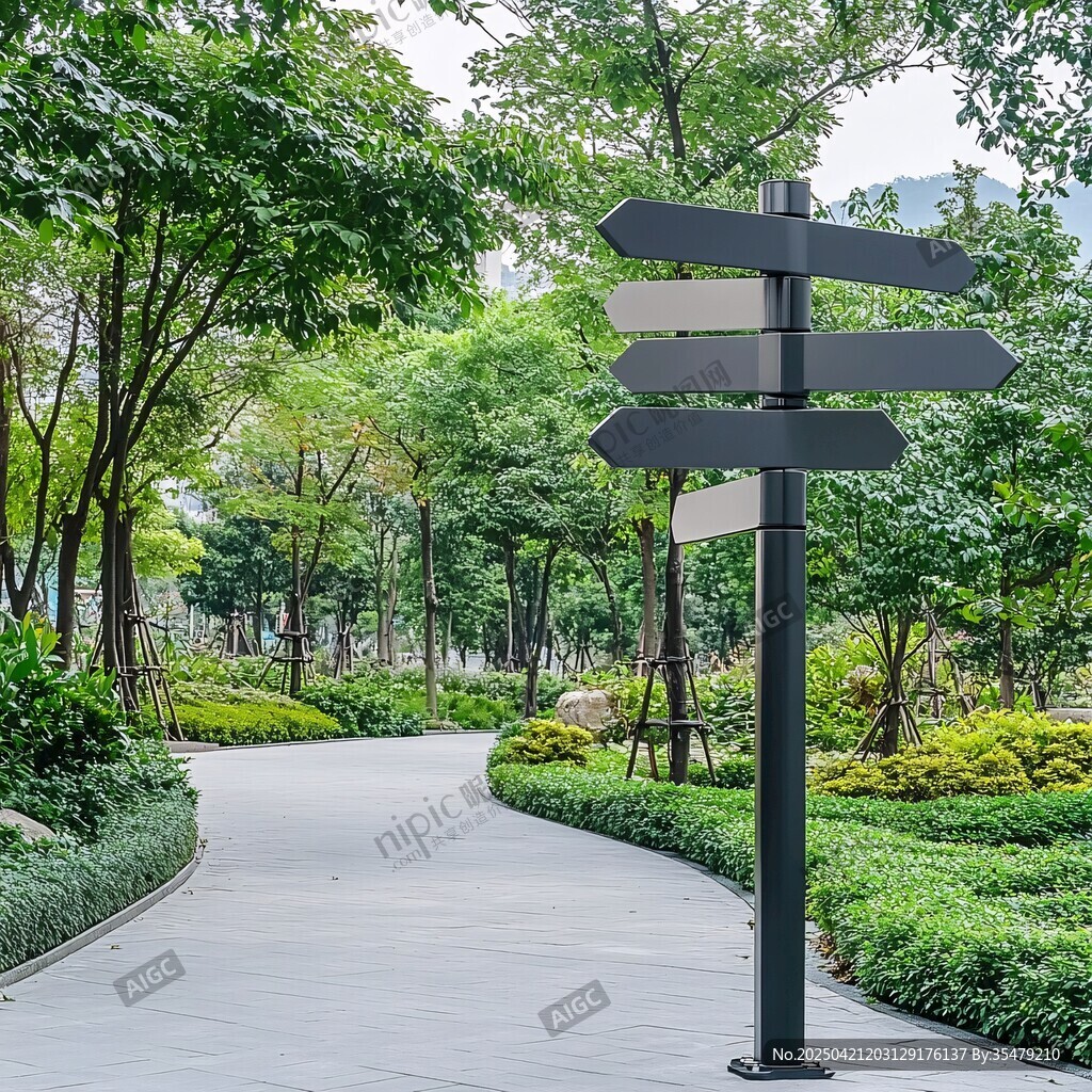 公园小径指示牌与绿植景观
