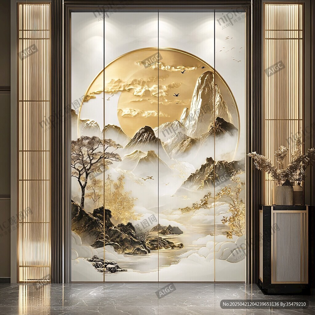 中式山水金纹屏风装饰画