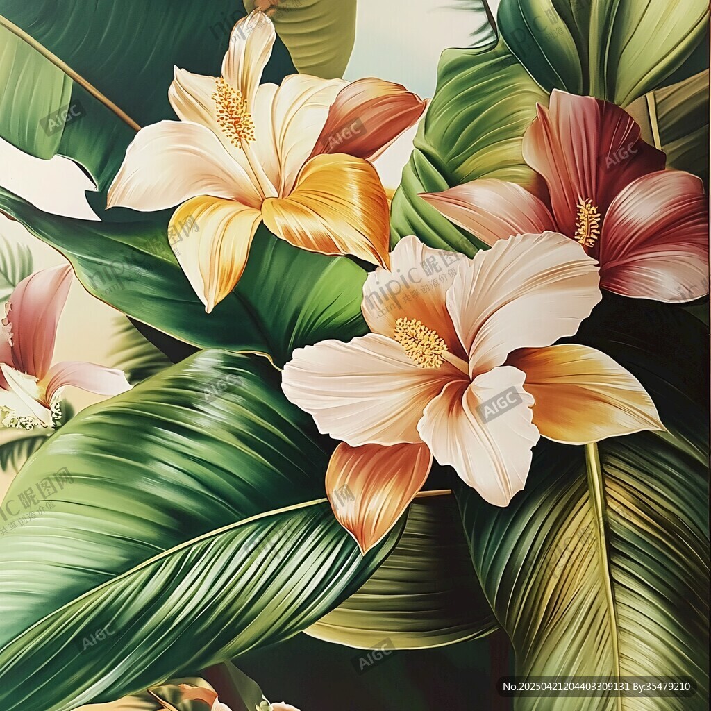 热带花卉与绿叶精美插画