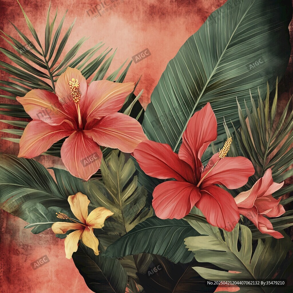 热带花卉与绿叶装饰画