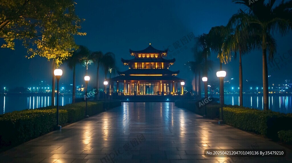 湖畔古亭夜景 静谧美好