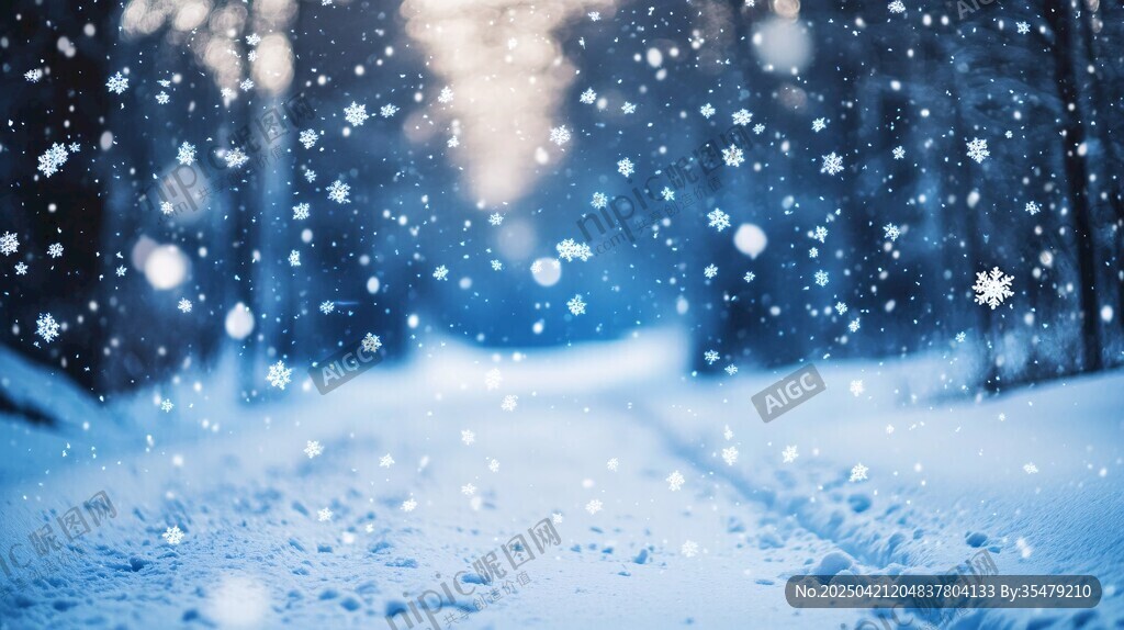 冬日雪景林间小路飘雪