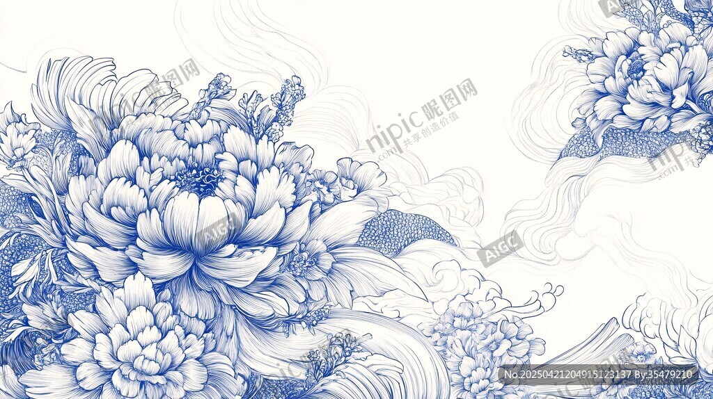 青花瓷韵牡丹海浪图案