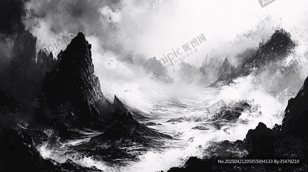 黑白水墨风壮丽山海景观