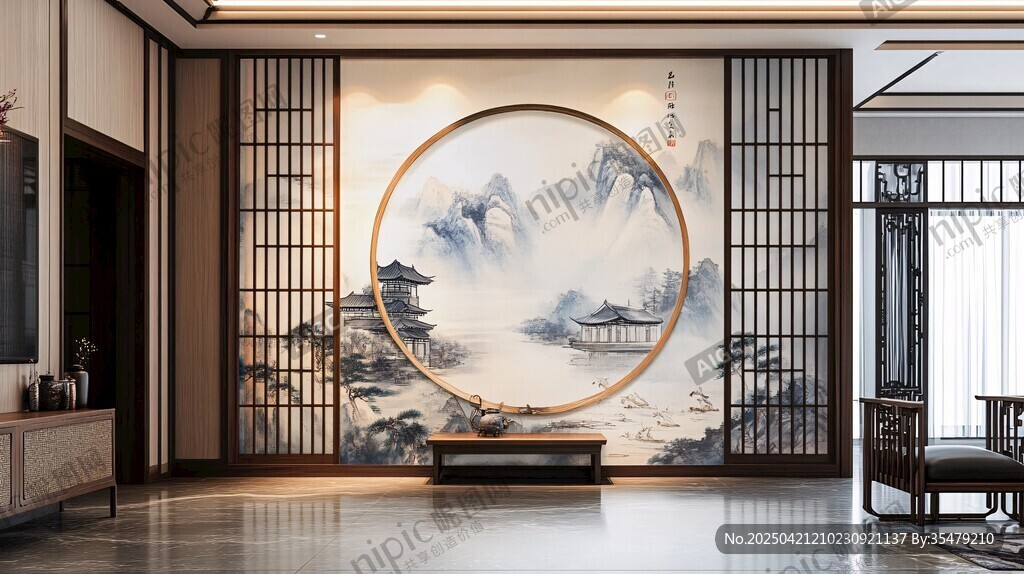 中式客厅的山水壁画之美