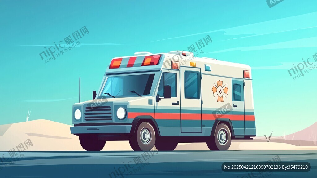 公路上的卡通风格救护车