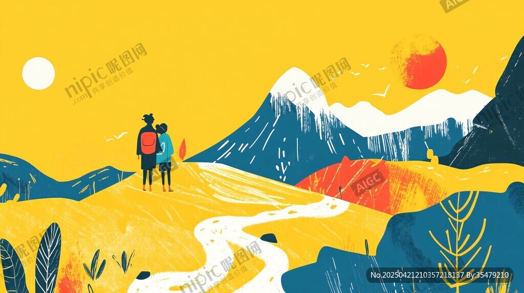 两人漫步于山间美景中