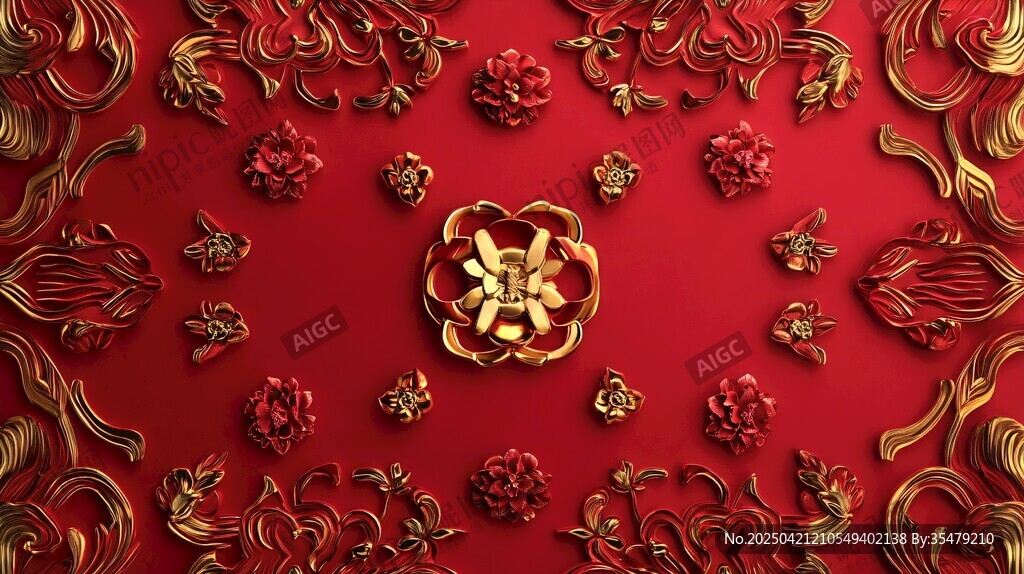 中式红底金色华丽花纹图案