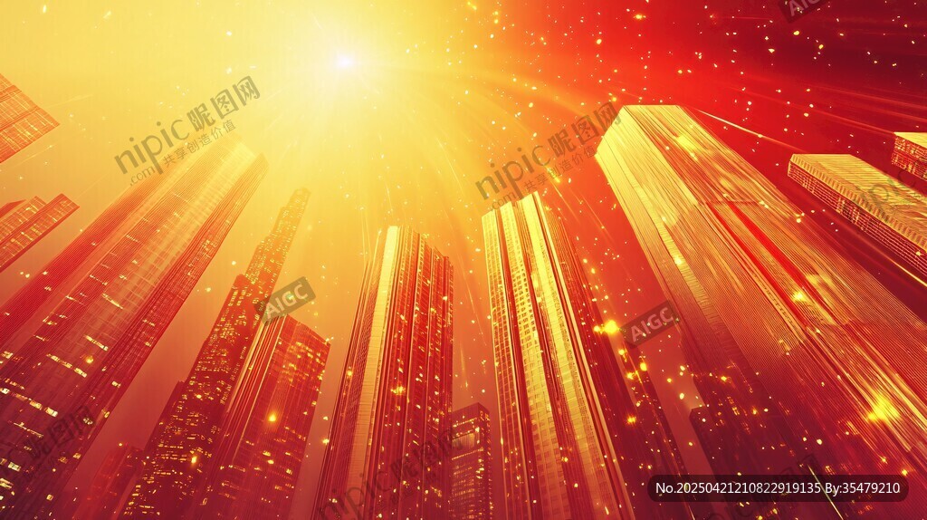 红日下的璀璨都市天际线