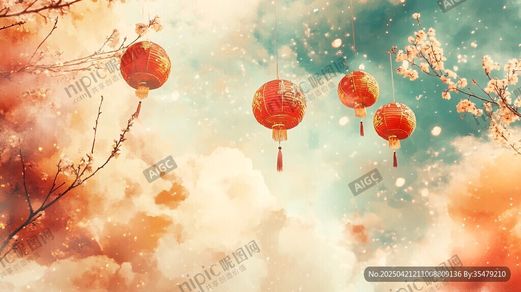 梦幻云中红灯笼与繁花