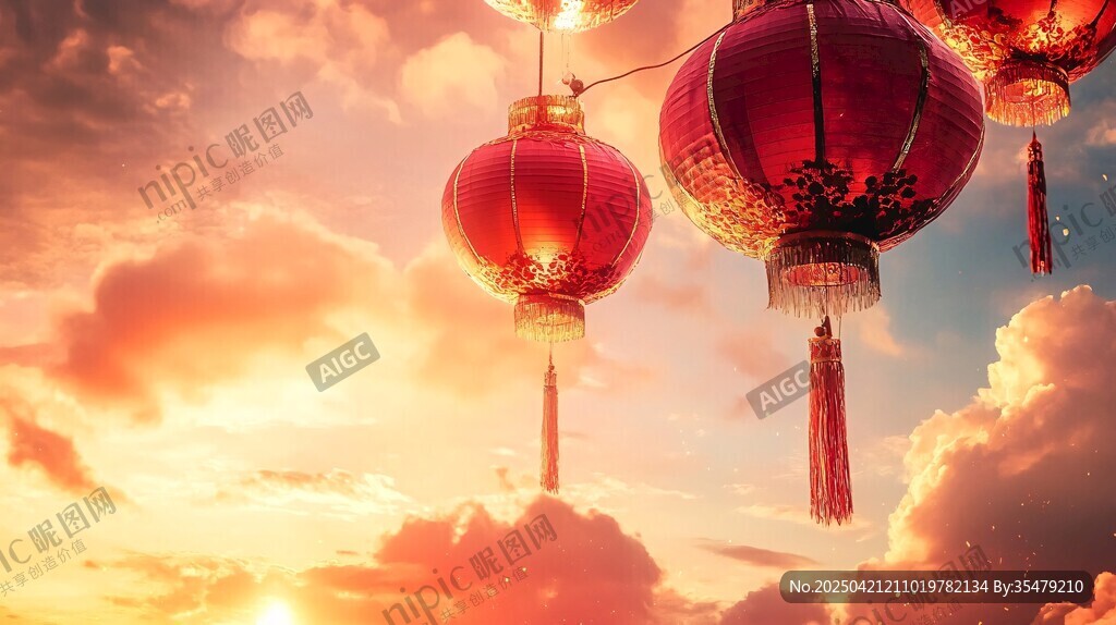 夕阳下的喜庆红灯笼