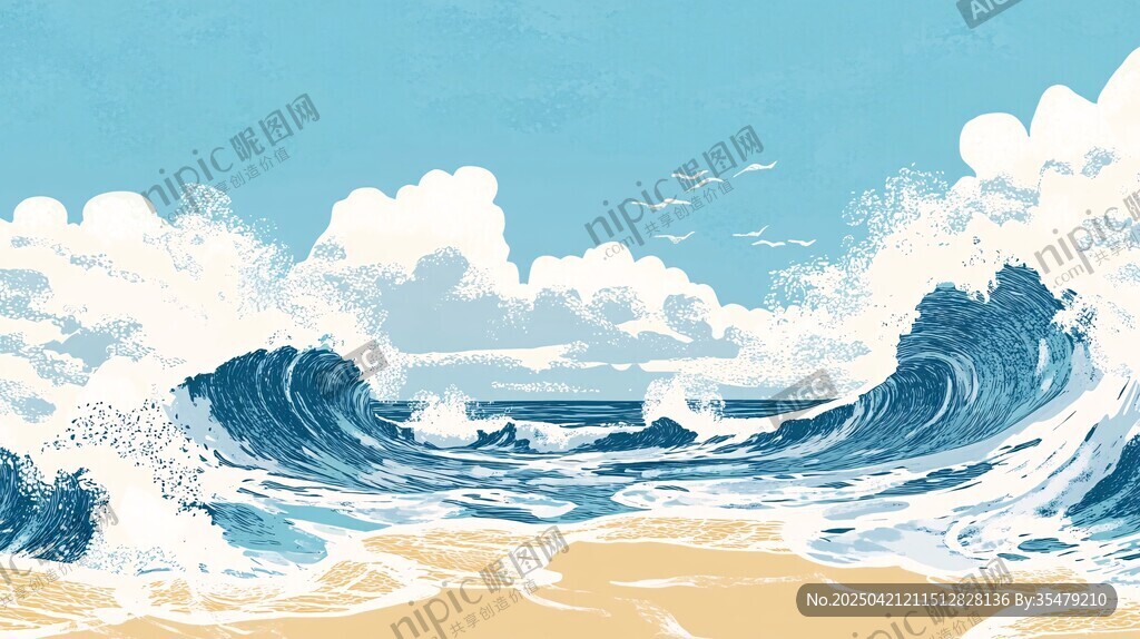 海浪翻涌的活力海滨图景