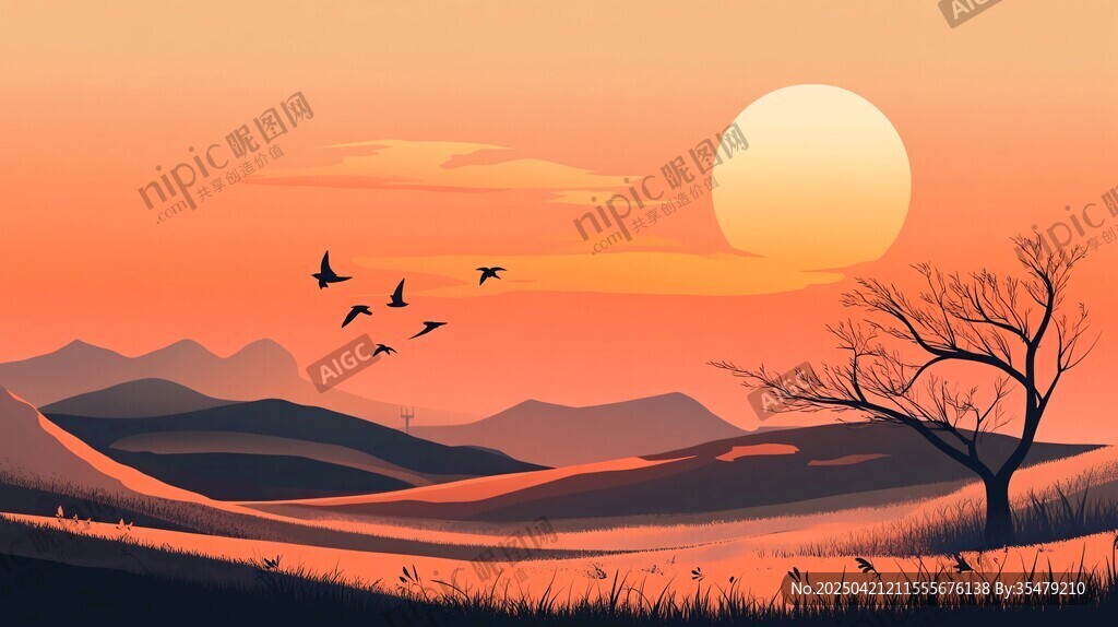 夕阳下旷野飞鸟孤寂树景