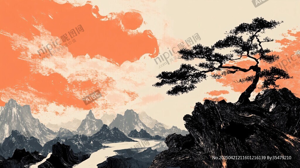 夕阳下的孤松与山川美景