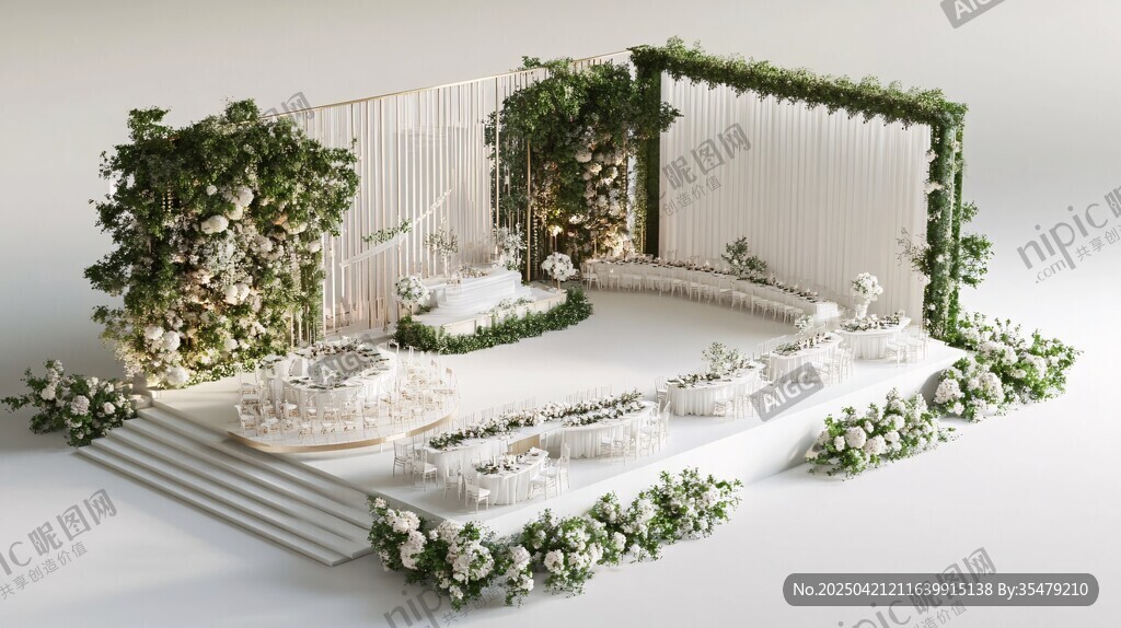 白色清新绿植婚礼场景布置