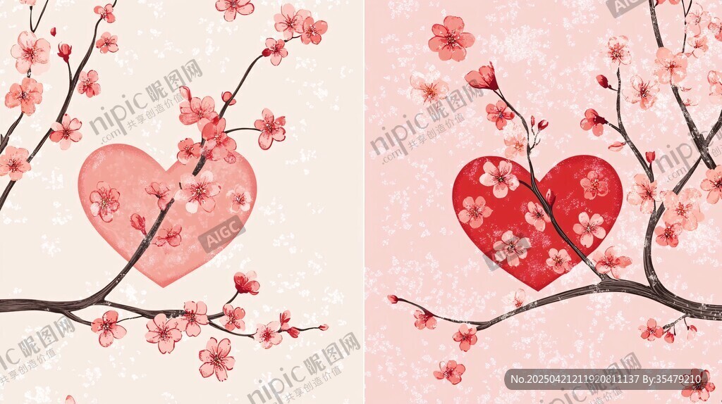 双幅爱心樱花浪漫插画