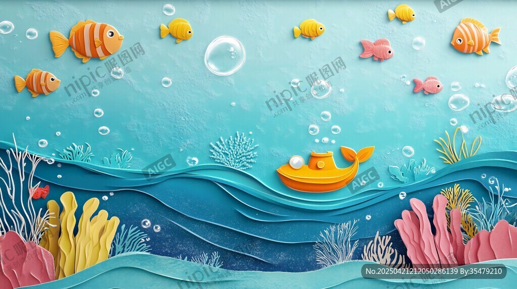 海底纸艺世界的小鱼与潜艇