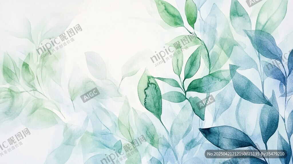 清新水彩风绿叶背景图
