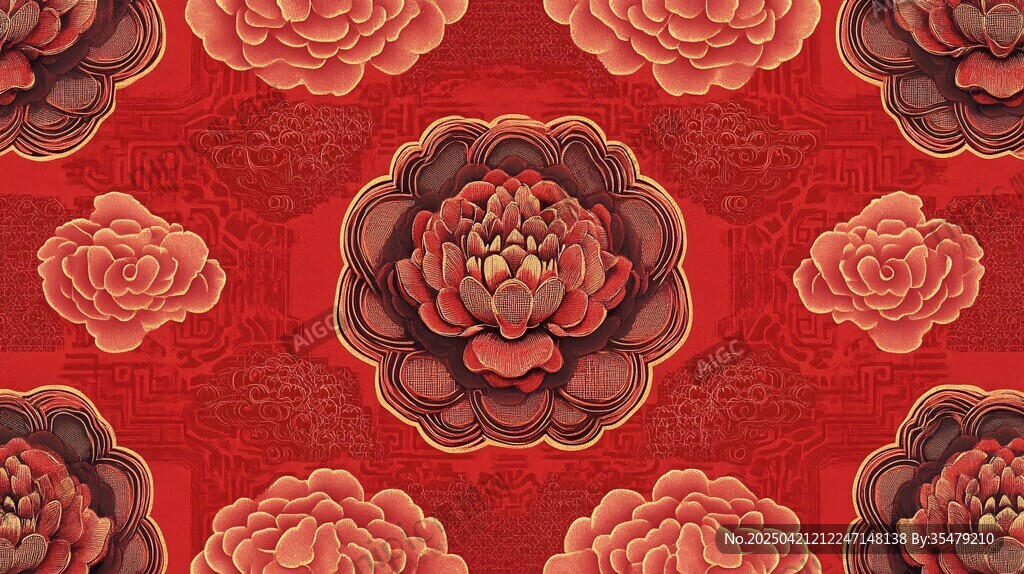 中式牡丹红底精美花纹图