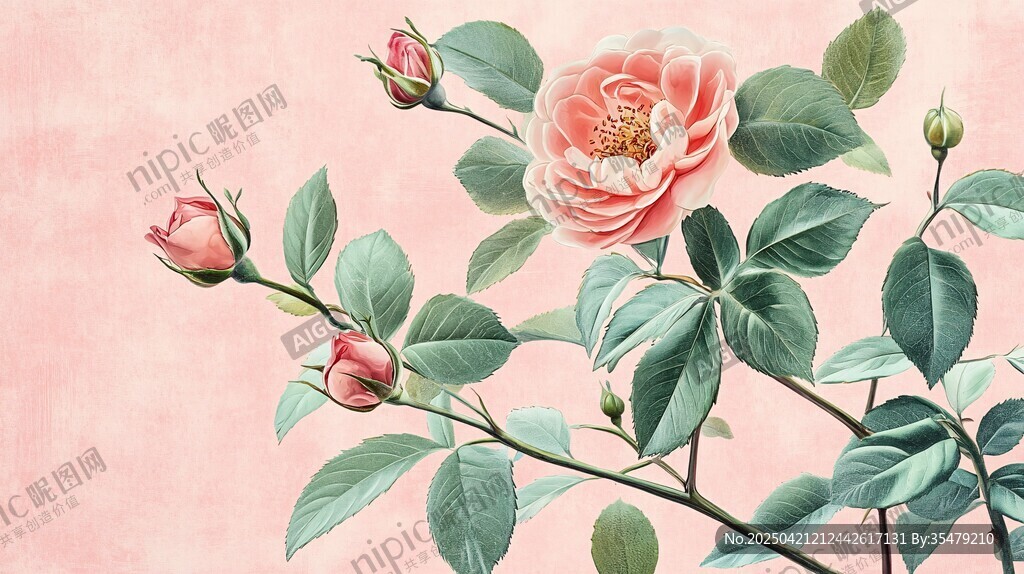 粉色蔷薇花枝插画