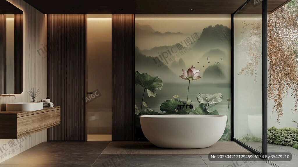 中式风浴室 诗意山水浴缸景