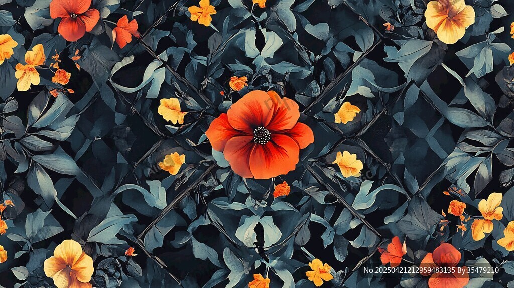 深蓝背景绚丽花卉图案