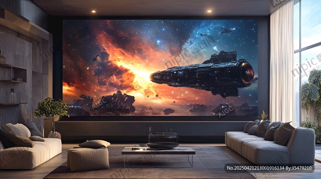 科幻风客厅的宇宙飞船壁画
