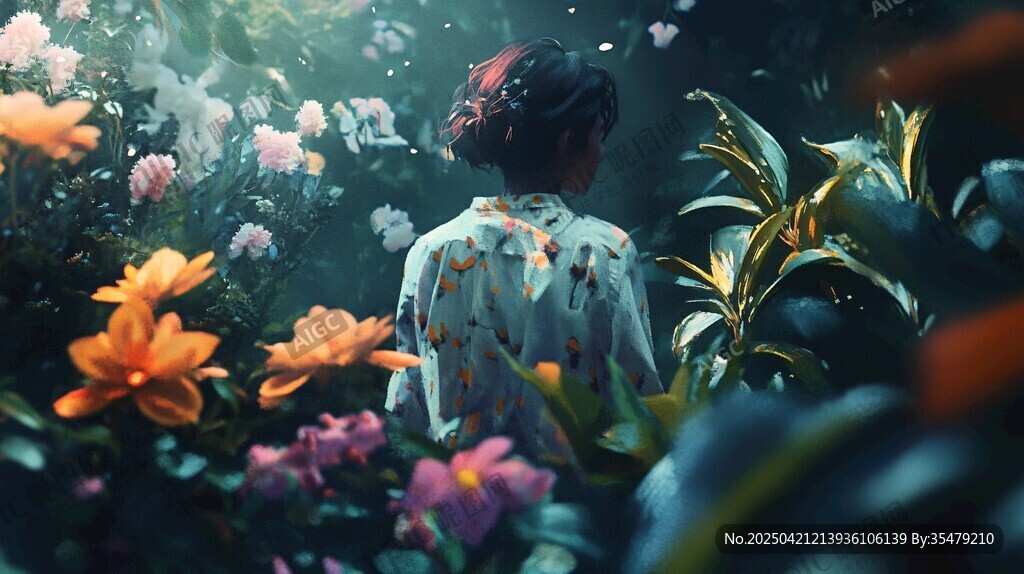 少女置身繁花绿植间