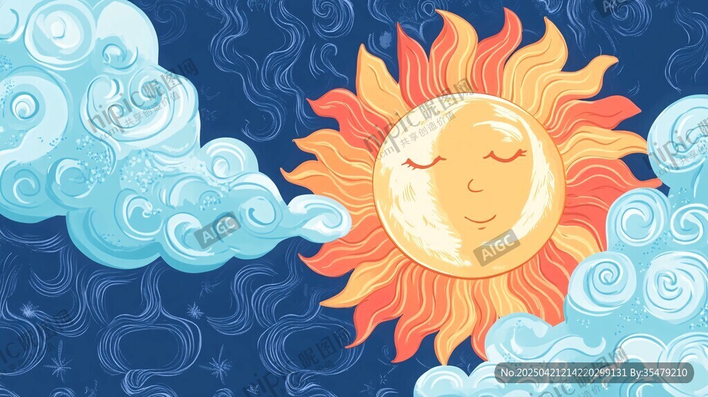 梦幻云朵间的微笑太阳