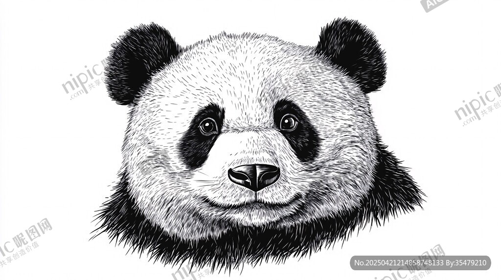 熊猫头部黑白手绘插画