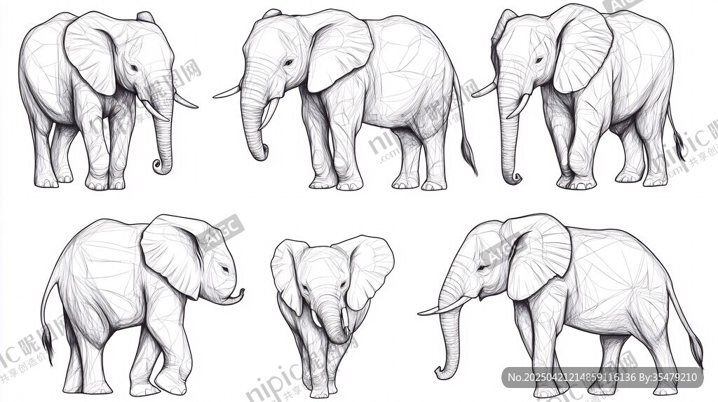 多姿态大象线条插画