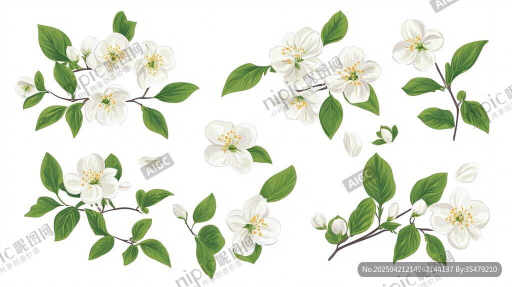 白色花朵枝叶插画素材