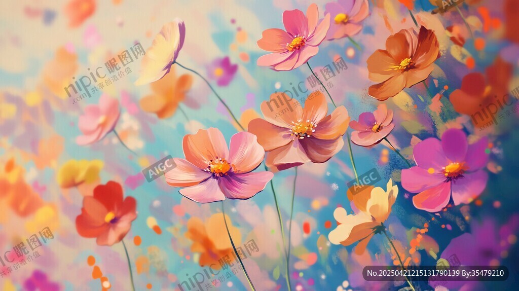 梦幻多彩花卉绽放画面