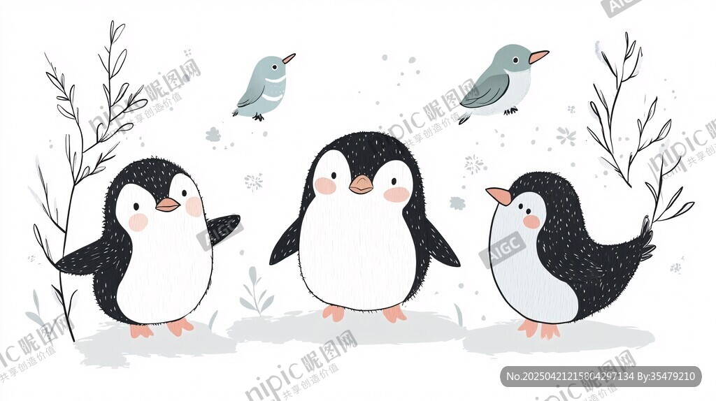 雪地中的可爱企鹅与小鸟