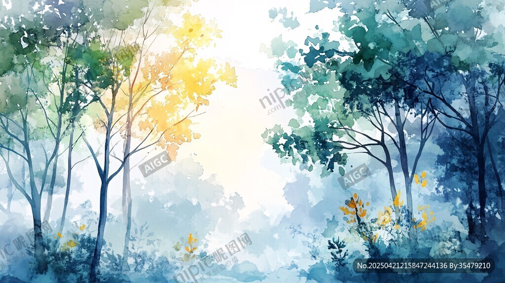 梦幻森林水彩风景图