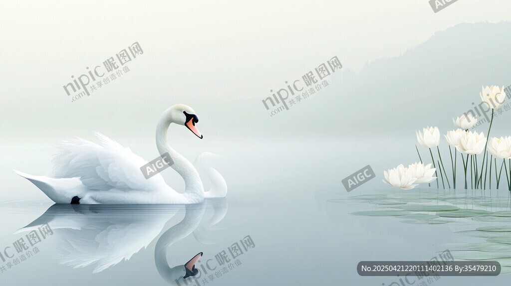 优雅天鹅悠游于静谧湖面