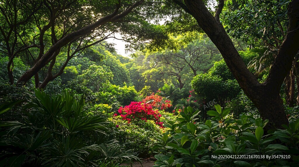 阳光洒落的繁茂绿植花园