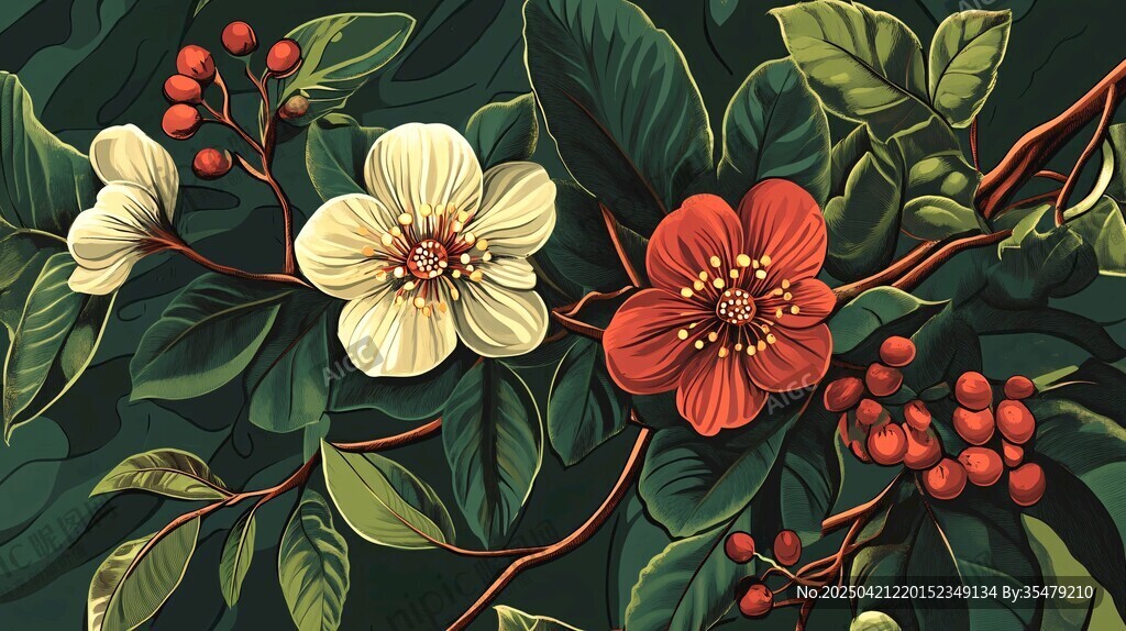 复古风花卉枝叶插画