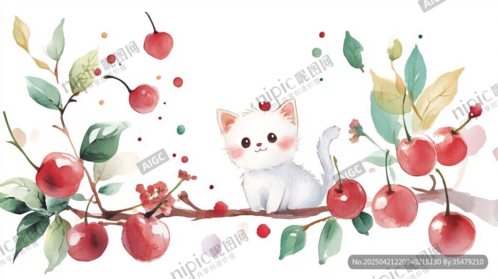 猫咪栖于樱桃枝间
