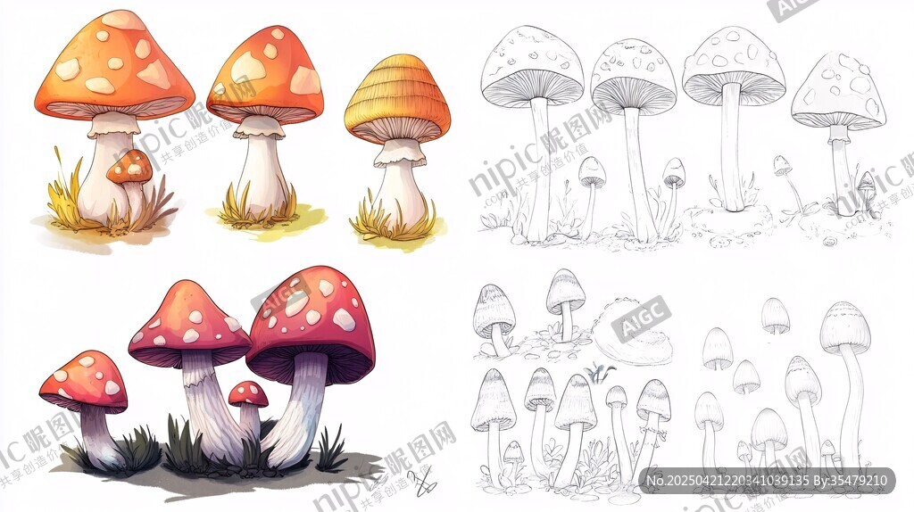 手绘多彩蘑菇插画集合
