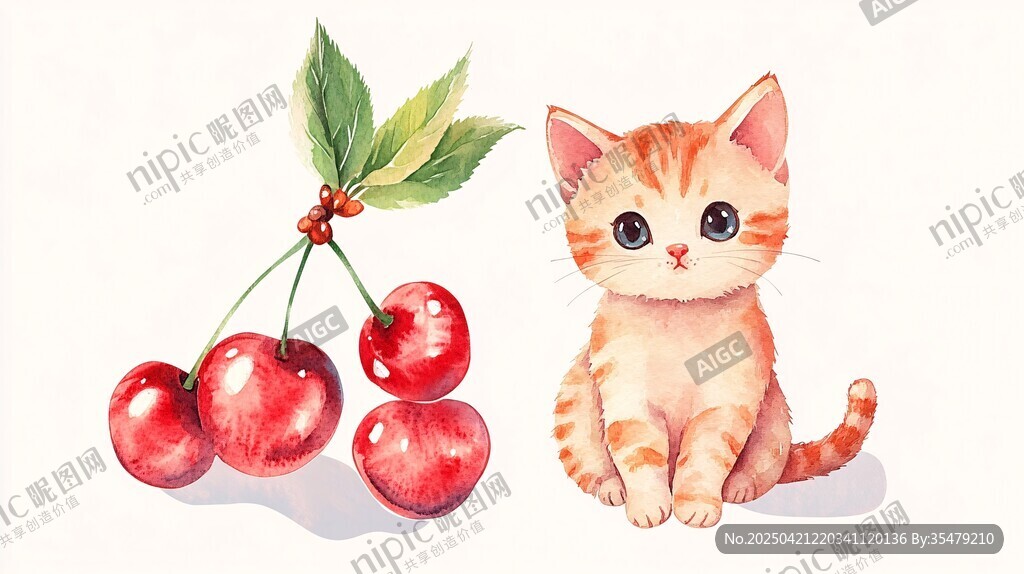 橘猫与樱桃的可爱水彩画