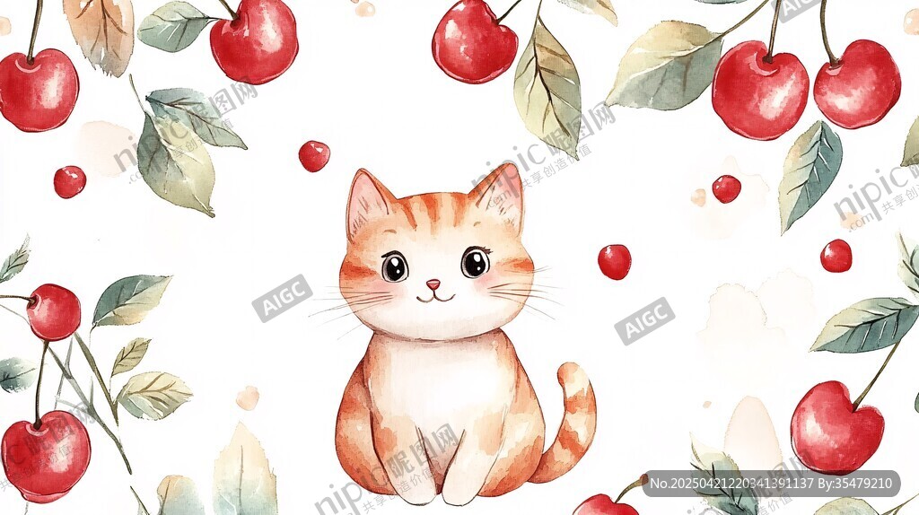 猫咪与樱桃的清新插画