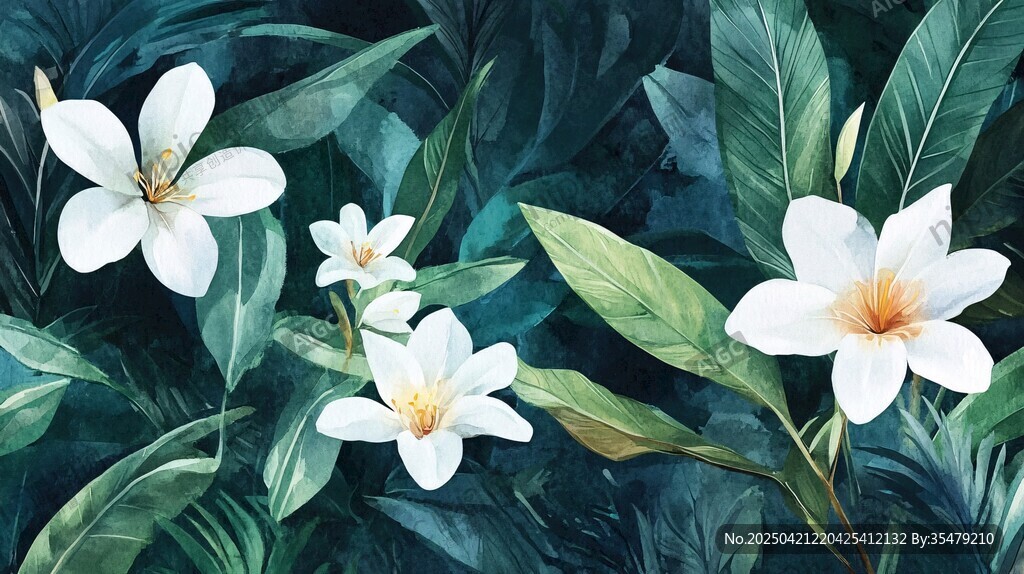 白色花卉与绿叶的清新画面